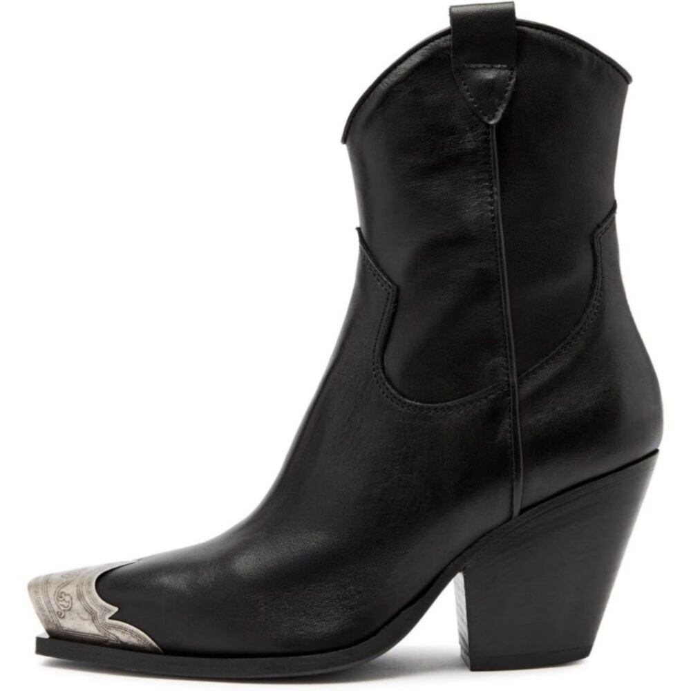 Women's Black Faux Leather Steel Toe Side Zipper Block Heel Western Ankle Boots
